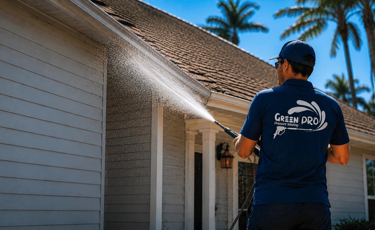 Green Pro technician performing soft wash roof cleaning on a residential home